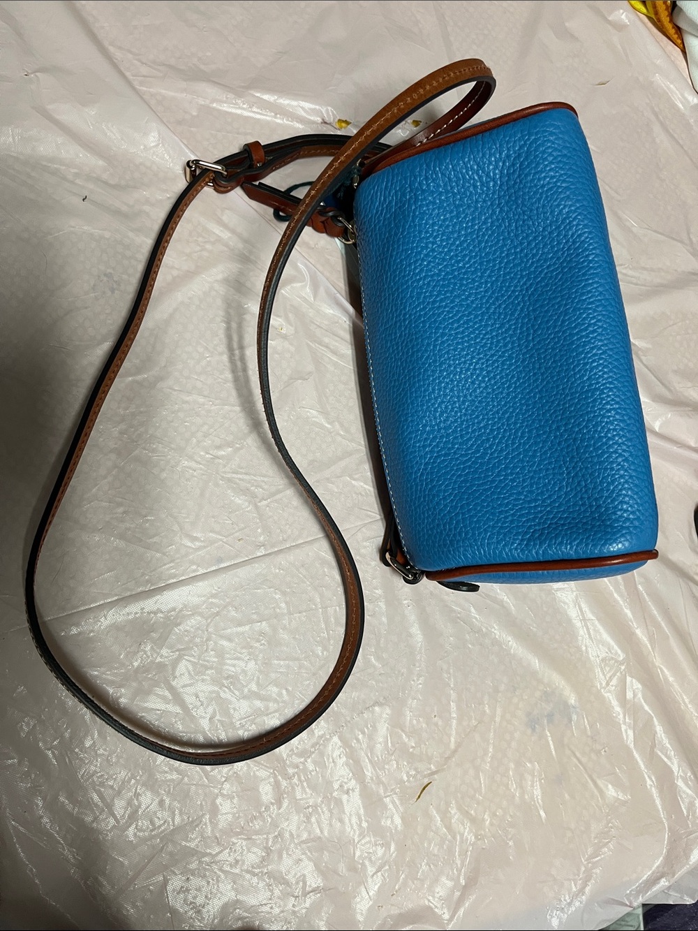 Dooney & Bourke Pebble Leather Crossbody in Bright Blue with Brown Trim - Picture 4 of 5